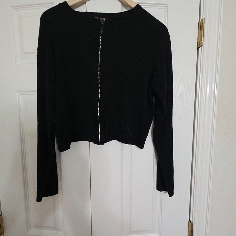 Spoiled Girl Cardigan Sweater Juniors M Black Rhinestone Zip Front Cropped Knit